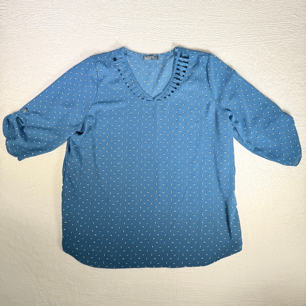 CURE Blue Geometric Print V Neck Roll Tab Sleeve Tunic Top Women X1 Boho Preppy